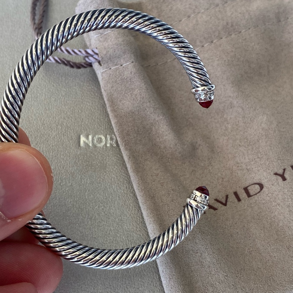 David Yurman Sterling Silver 5mm Cable Bracelet Garnet & Diamonds size small